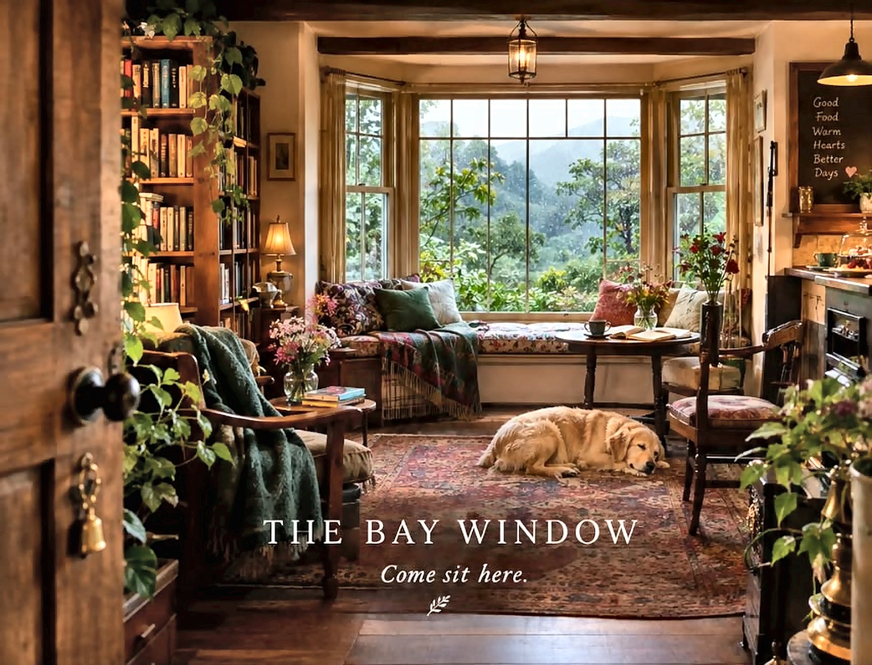 A warm, lived-in room with a bay window looking out at green hills, bookshelves, a window seat with a cup of coffee and an open book, and a golden retriever asleep on the rug.
